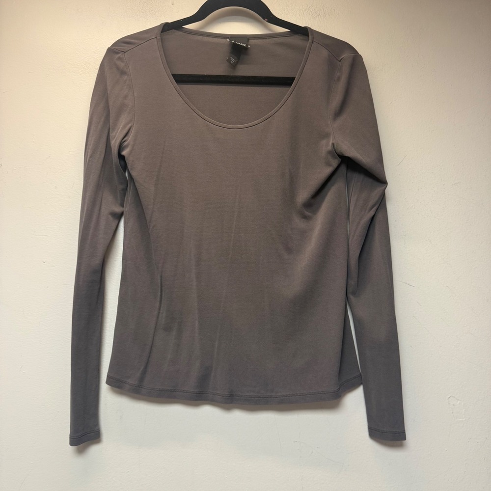 Eileen Fisher Silk Jersey Top Womens XS Grey Long Sleeve Scoop Neck Excellent